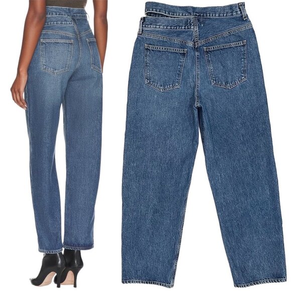 Agolde High Rise Broken Waistband Asymmetrical Jean in Intrigue Blue Denim Sz 28 - Picture 2 of 15